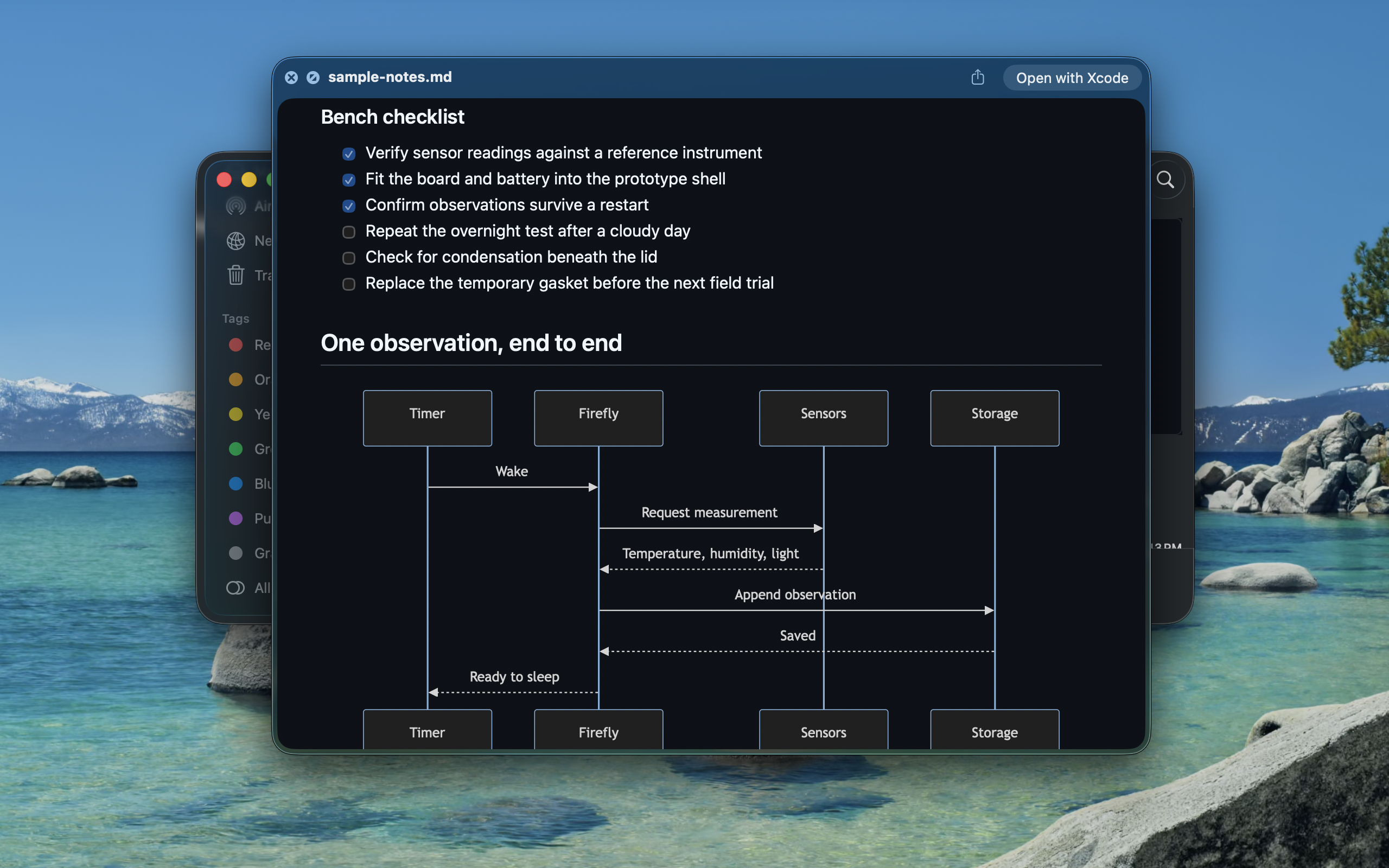 Markdown notebook showing a checklist and a rendered Mermaid sequence diagram