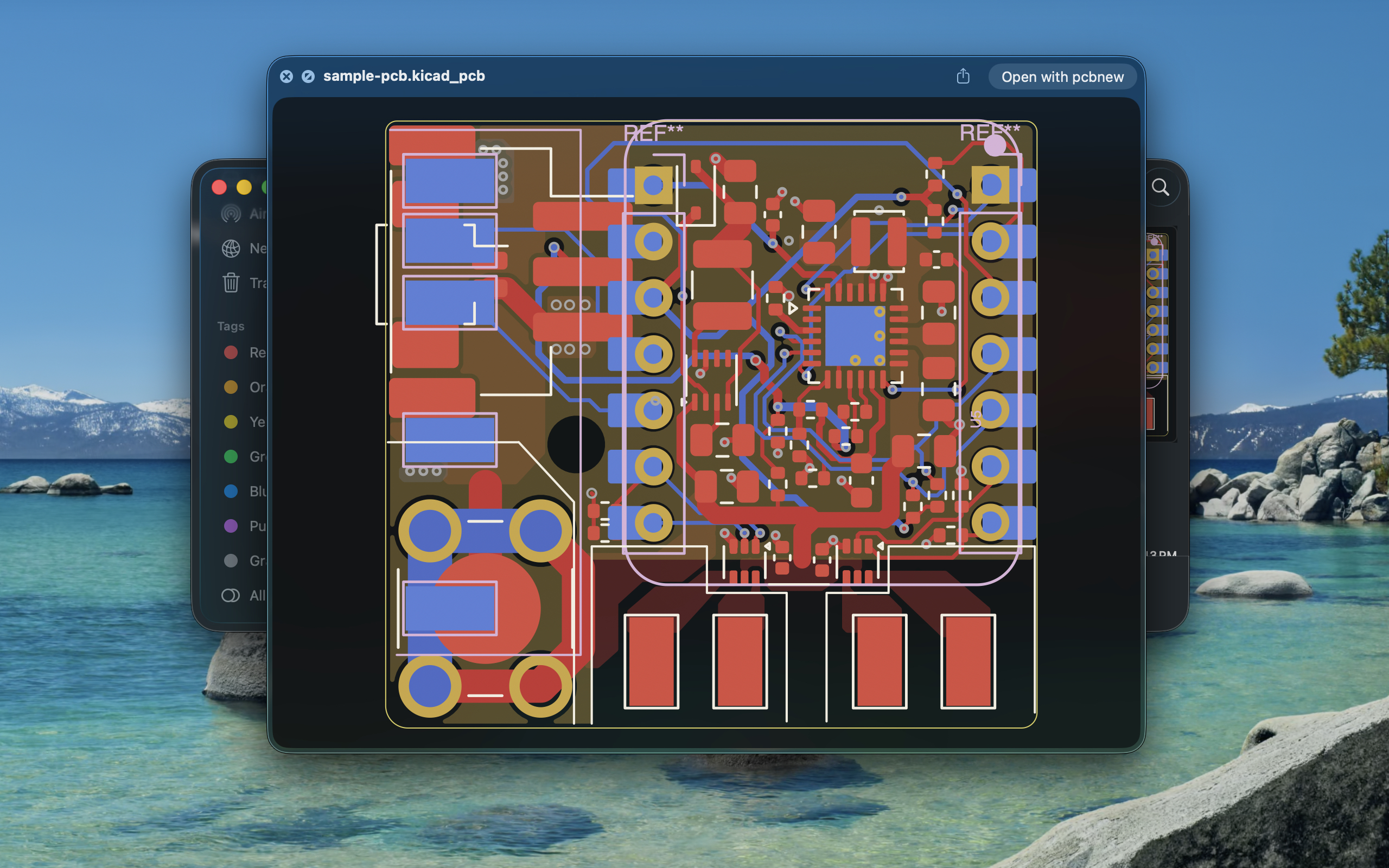 KiCad PCB preview with colored copper layers, pads, and component outlines